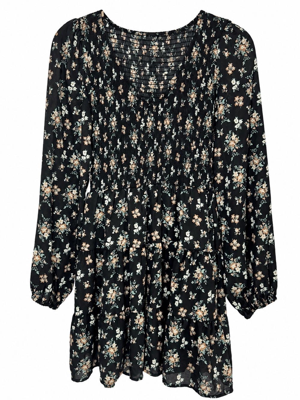 Altar’d State Floral Smocked Mini Dress Small Black Long Sleeve Tiered Lined